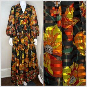 Vintage 1970s Orange Floral Maxi Dress, Balloon Sleeves Formal, Morton Myles XS